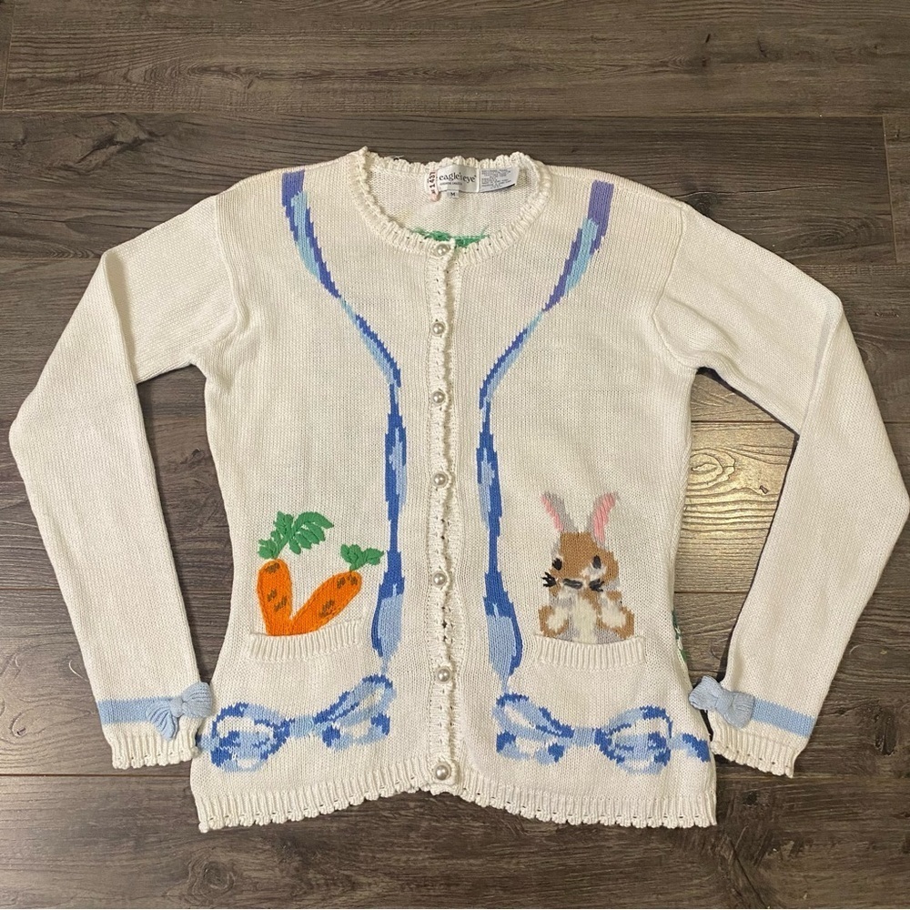 Vintage Eagleeyes Knit sweater Bunny Rabbit Spring time scene - Picture 1 of 11